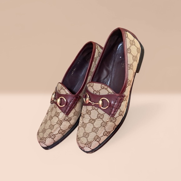 Gucci Brown GG Canvas Loafers with Burgundy Trim & Gold Horsebit - Picture 2 of 8